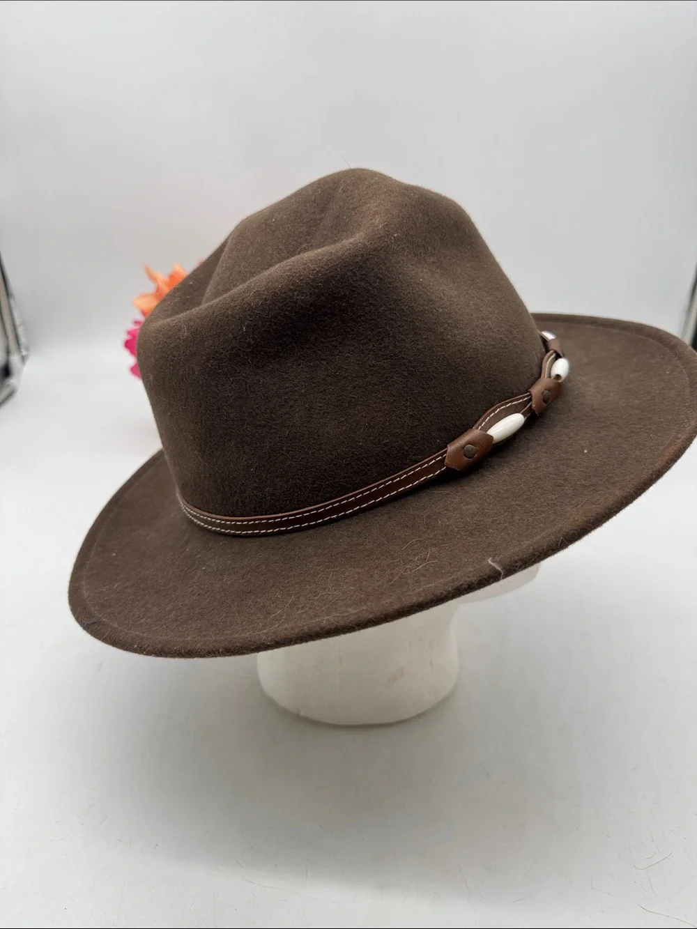 Henschel Hat Company Brown Felt Wide-Brim Hat with Bead Trim Size Large